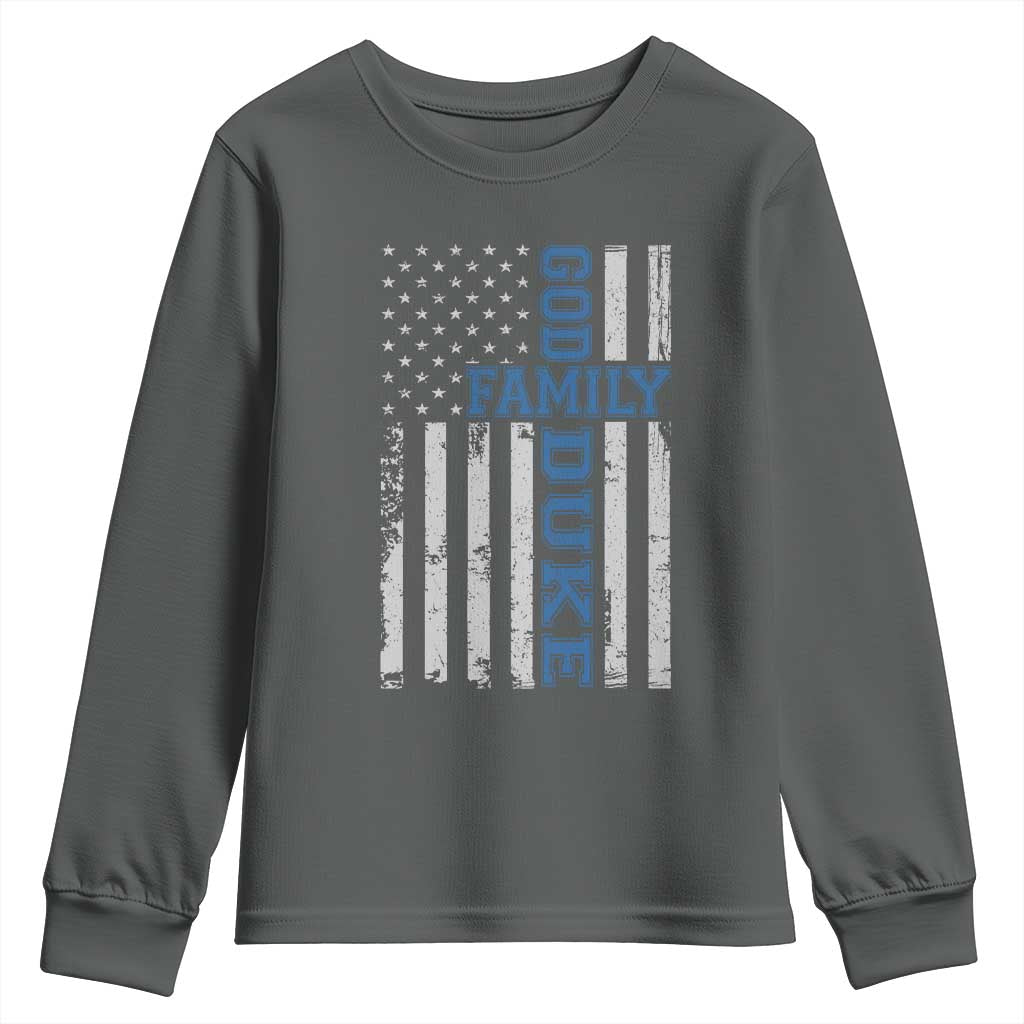 God Family Duke Youth Sweatshirt Blue Game Day Vintage American Flag