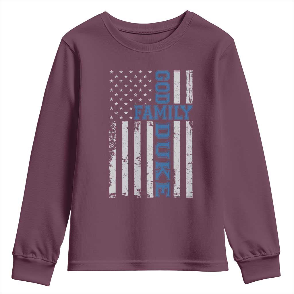 God Family Duke Youth Sweatshirt Blue Game Day Vintage American Flag