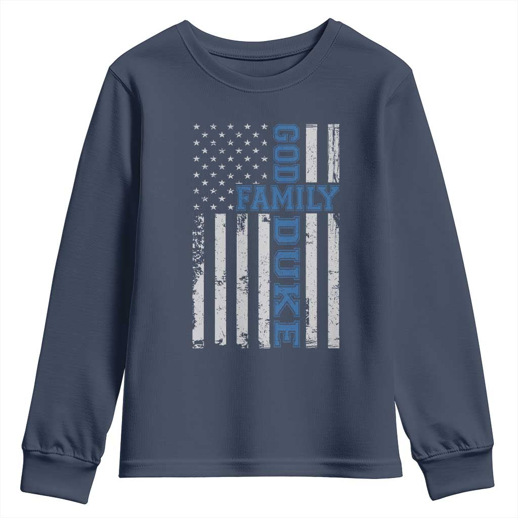 God Family Duke Youth Sweatshirt Blue Game Day Vintage American Flag