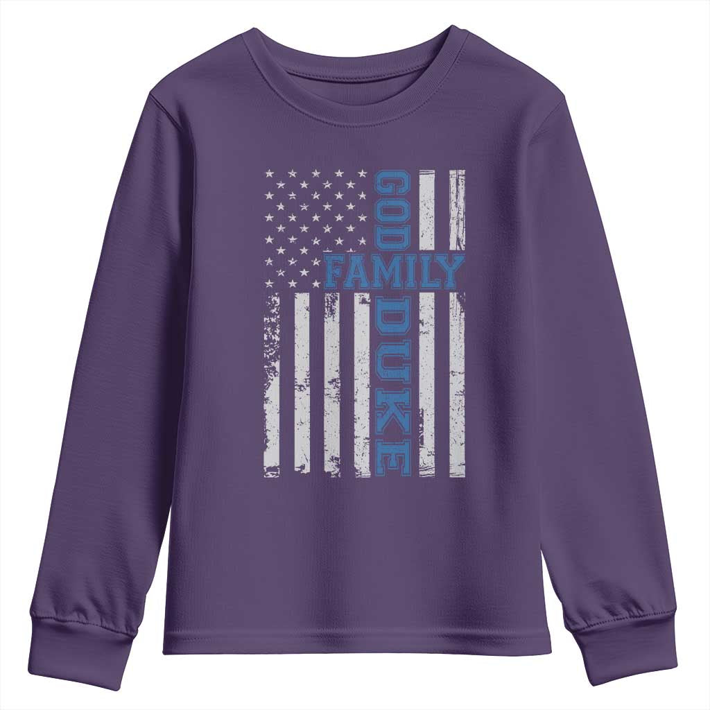 God Family Duke Youth Sweatshirt Blue Game Day Vintage American Flag
