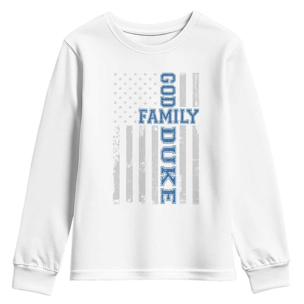 God Family Duke Youth Sweatshirt Blue Game Day Vintage American Flag