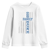 God Family Duke Youth Sweatshirt Blue Game Day Vintage American Flag
