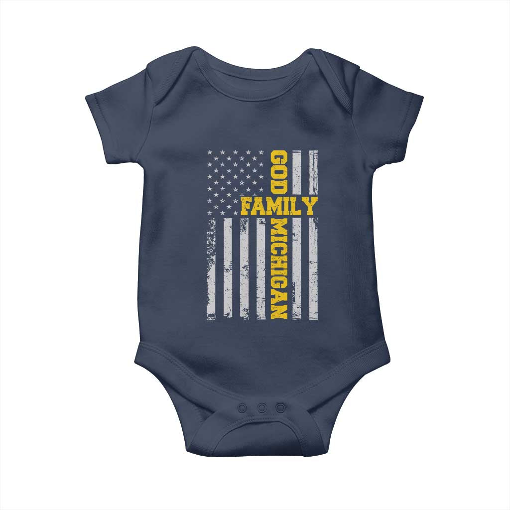 God Family Michigan Baby Onesie Game Day Vintage American Flag