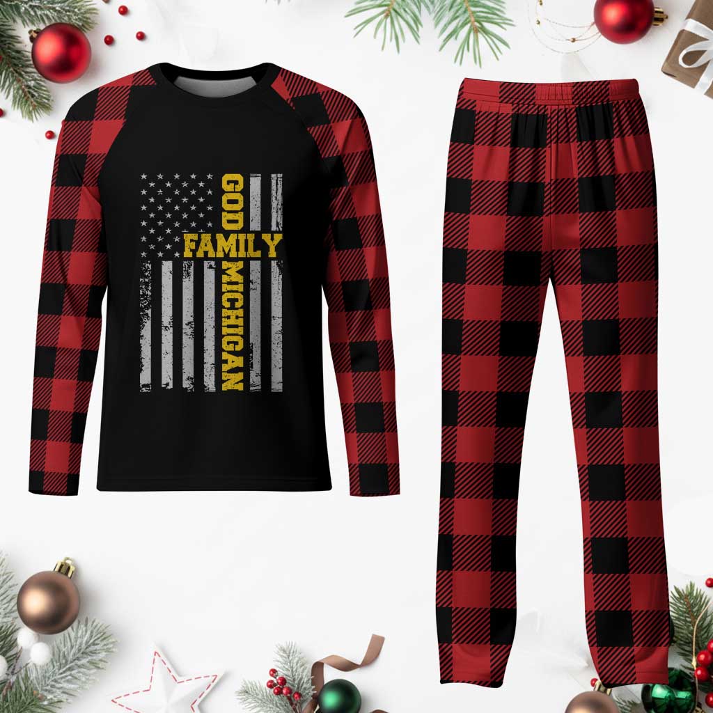 God Family Michigan Plaid Pajama Set Game Day Vintage American Flag