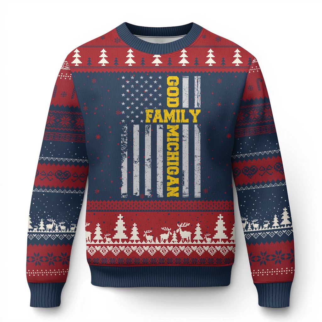 God Family Michigan Ugly Christmas Sweater Game Day Vintage American Flag