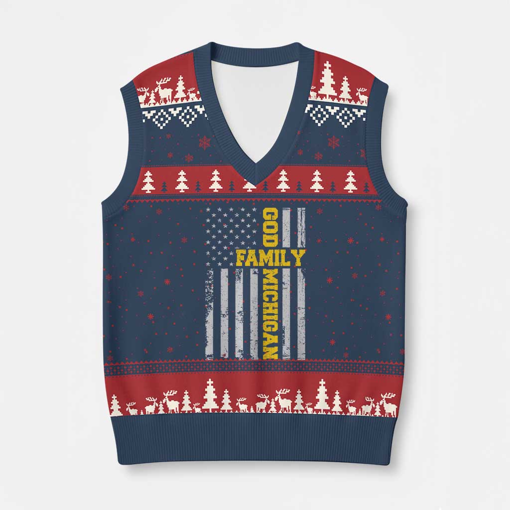 God Family Michigan V-Neck Knit Sweater Vest Game Day Vintage American Flag