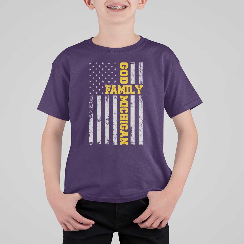 God Family Michigan T Shirt For Kid Game Day Vintage American Flag