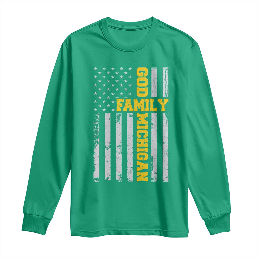 God Family Michigan Long Sleeve Shirt Game Day Vintage American Flag