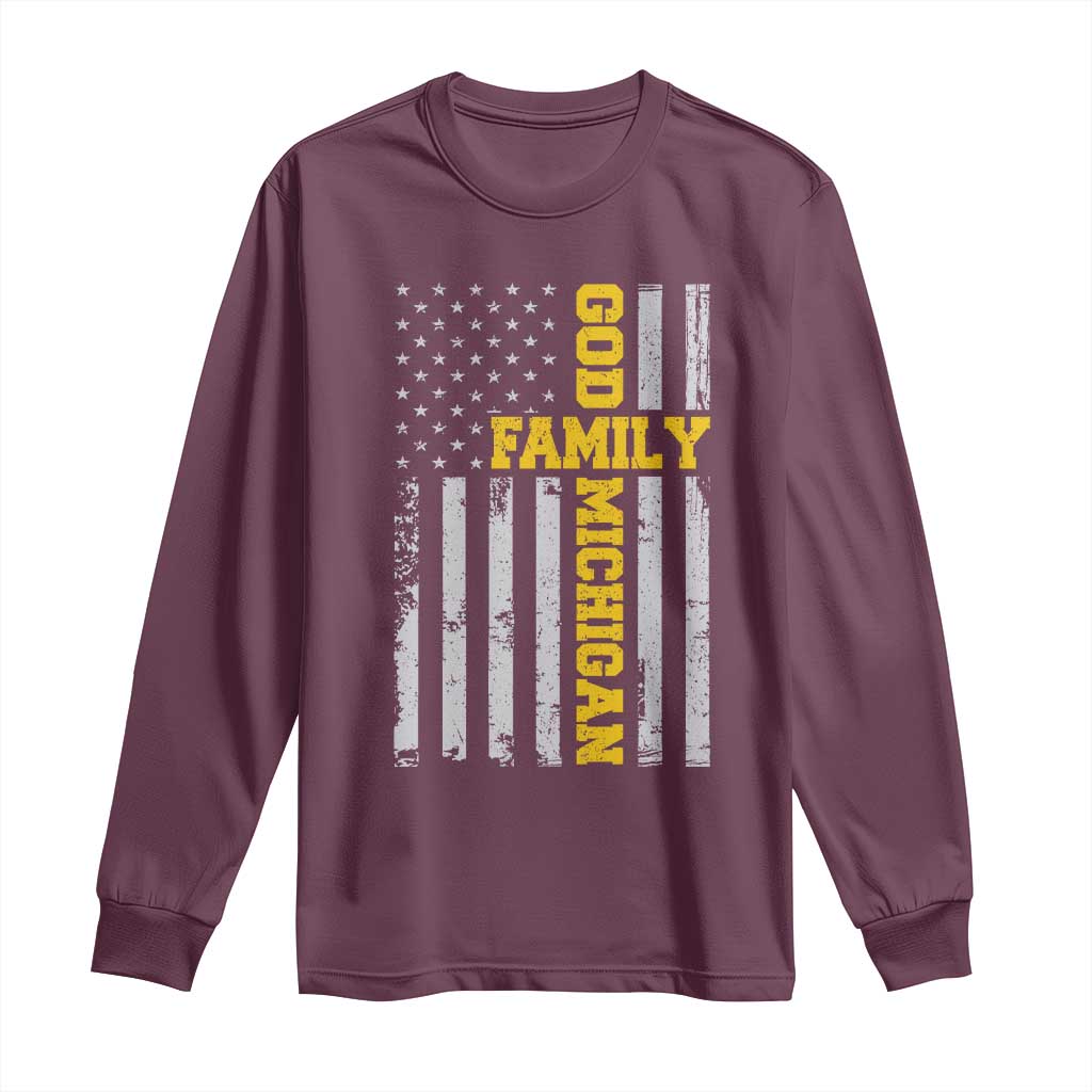 God Family Michigan Long Sleeve Shirt Game Day Vintage American Flag