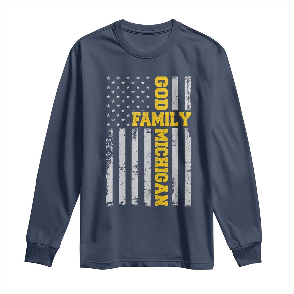 God Family Michigan Long Sleeve Shirt Game Day Vintage American Flag