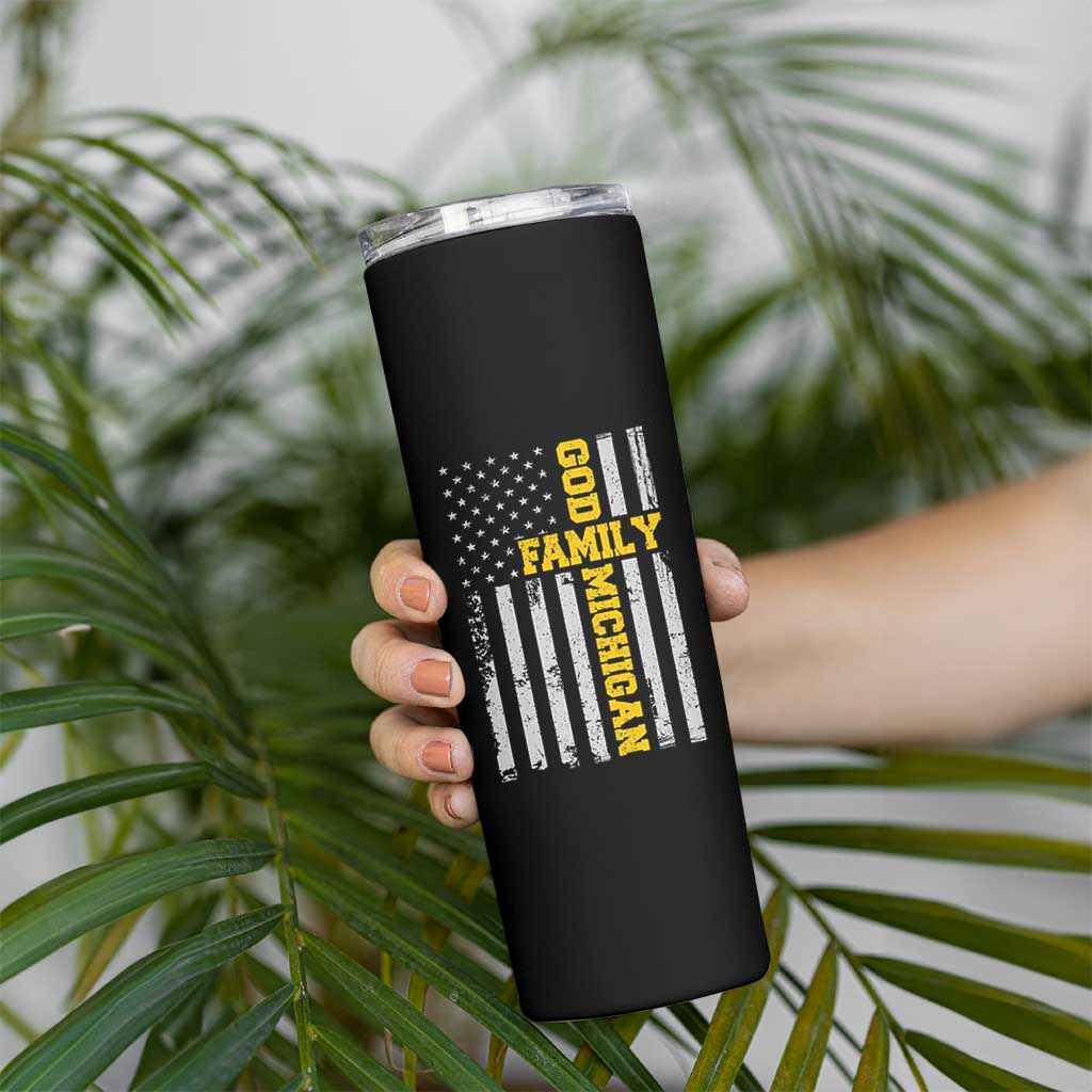 God Family Michigan Skinny Tumbler Game Day Vintage American Flag
