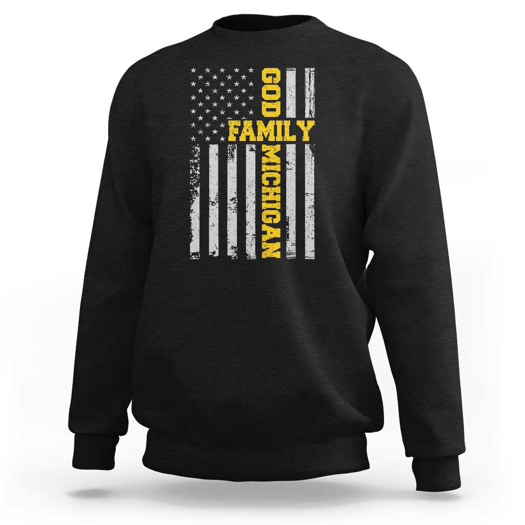 God Family Michigan Sweatshirt Game Day Vintage American Flag