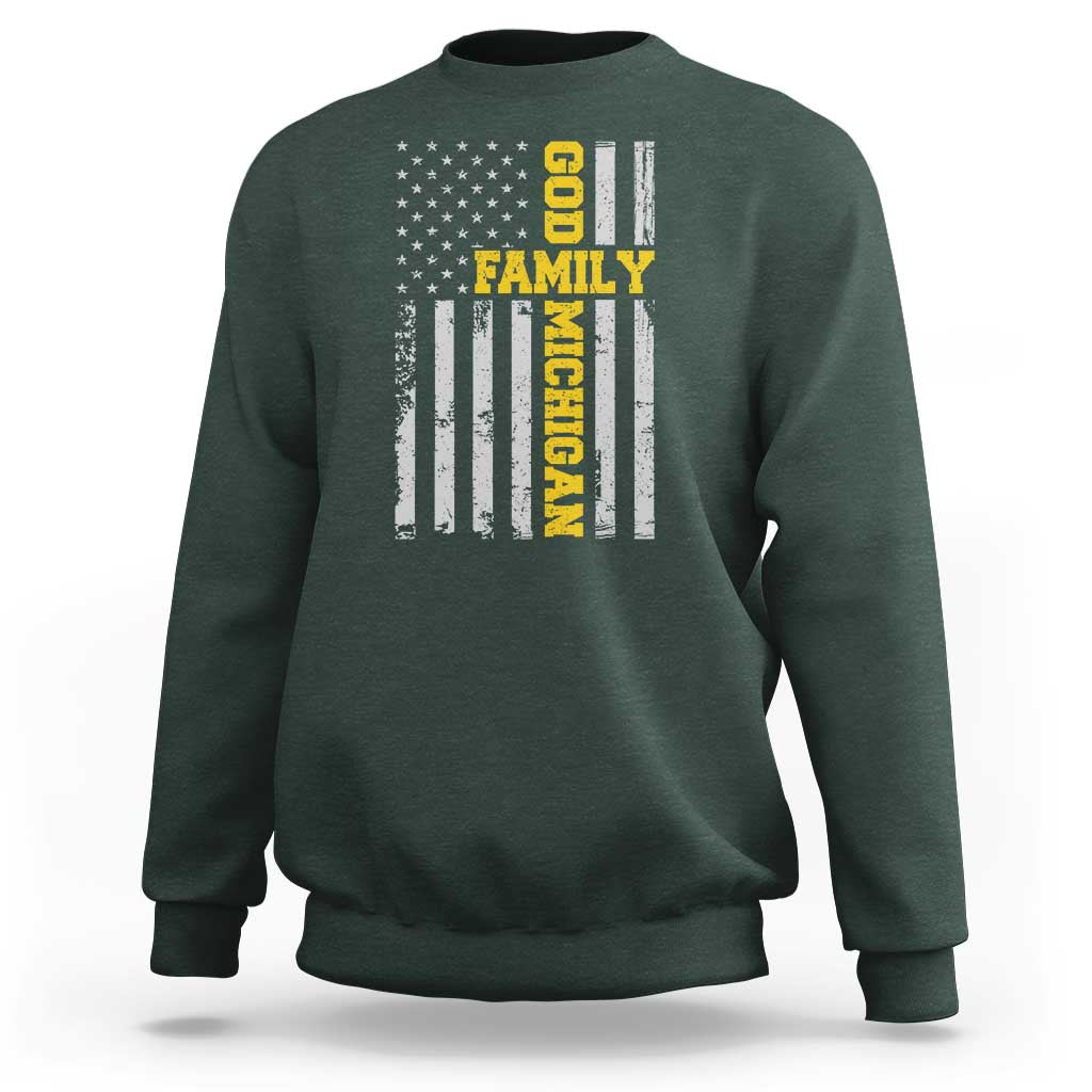 God Family Michigan Sweatshirt Game Day Vintage American Flag
