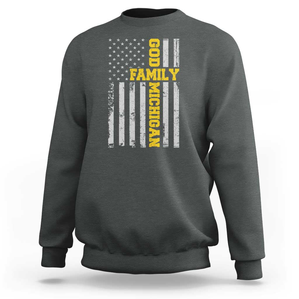 God Family Michigan Sweatshirt Game Day Vintage American Flag