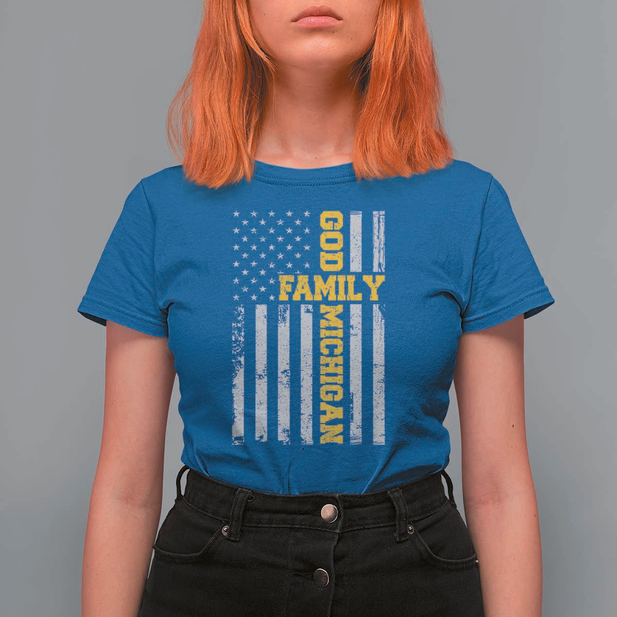 God Family Michigan T Shirt For Women Game Day Vintage American Flag