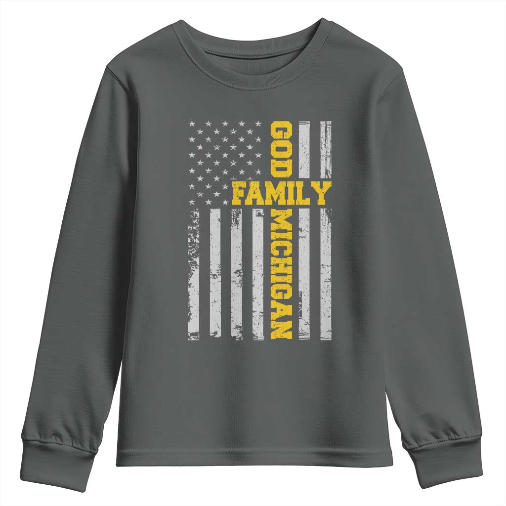 God Family Michigan Youth Sweatshirt Game Day Vintage American Flag