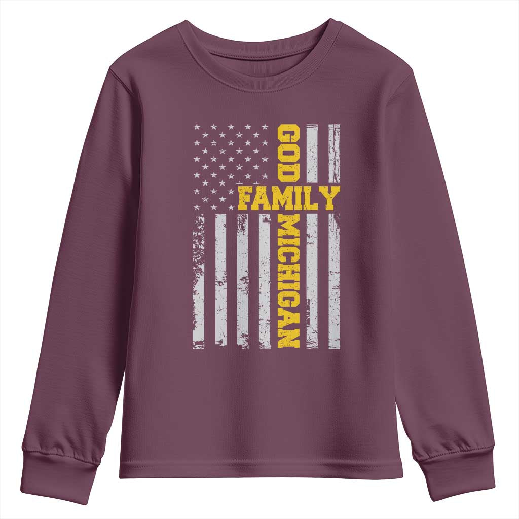 God Family Michigan Youth Sweatshirt Game Day Vintage American Flag