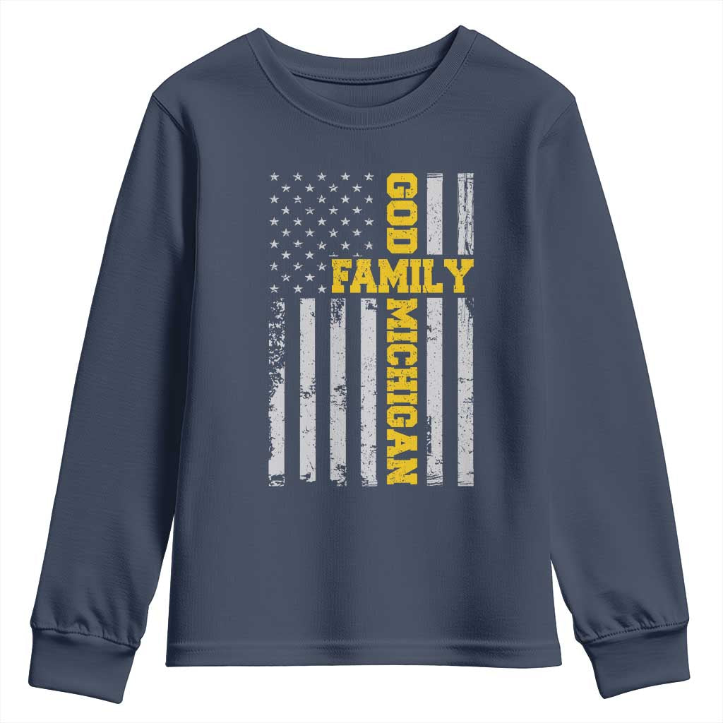 God Family Michigan Youth Sweatshirt Game Day Vintage American Flag