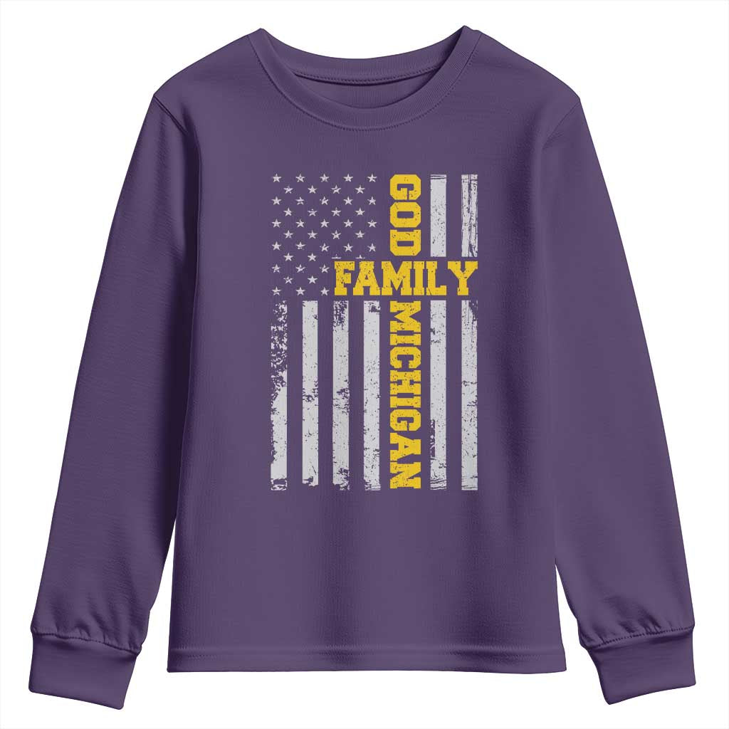 God Family Michigan Youth Sweatshirt Game Day Vintage American Flag
