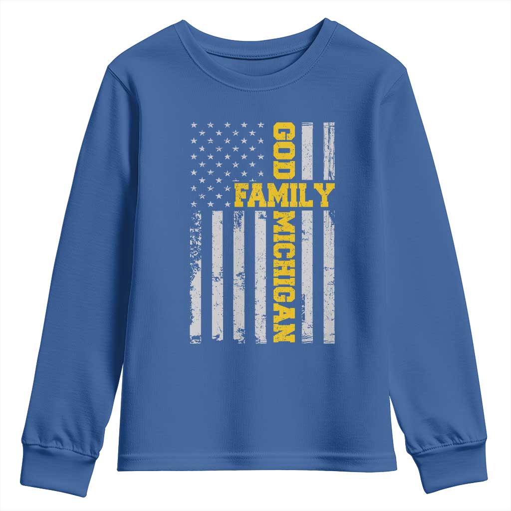 God Family Michigan Youth Sweatshirt Game Day Vintage American Flag