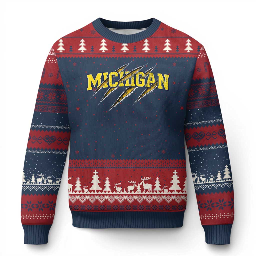 Michigan Fan Ugly Christmas Sweater MI State Sports Game Day Scratch Mark