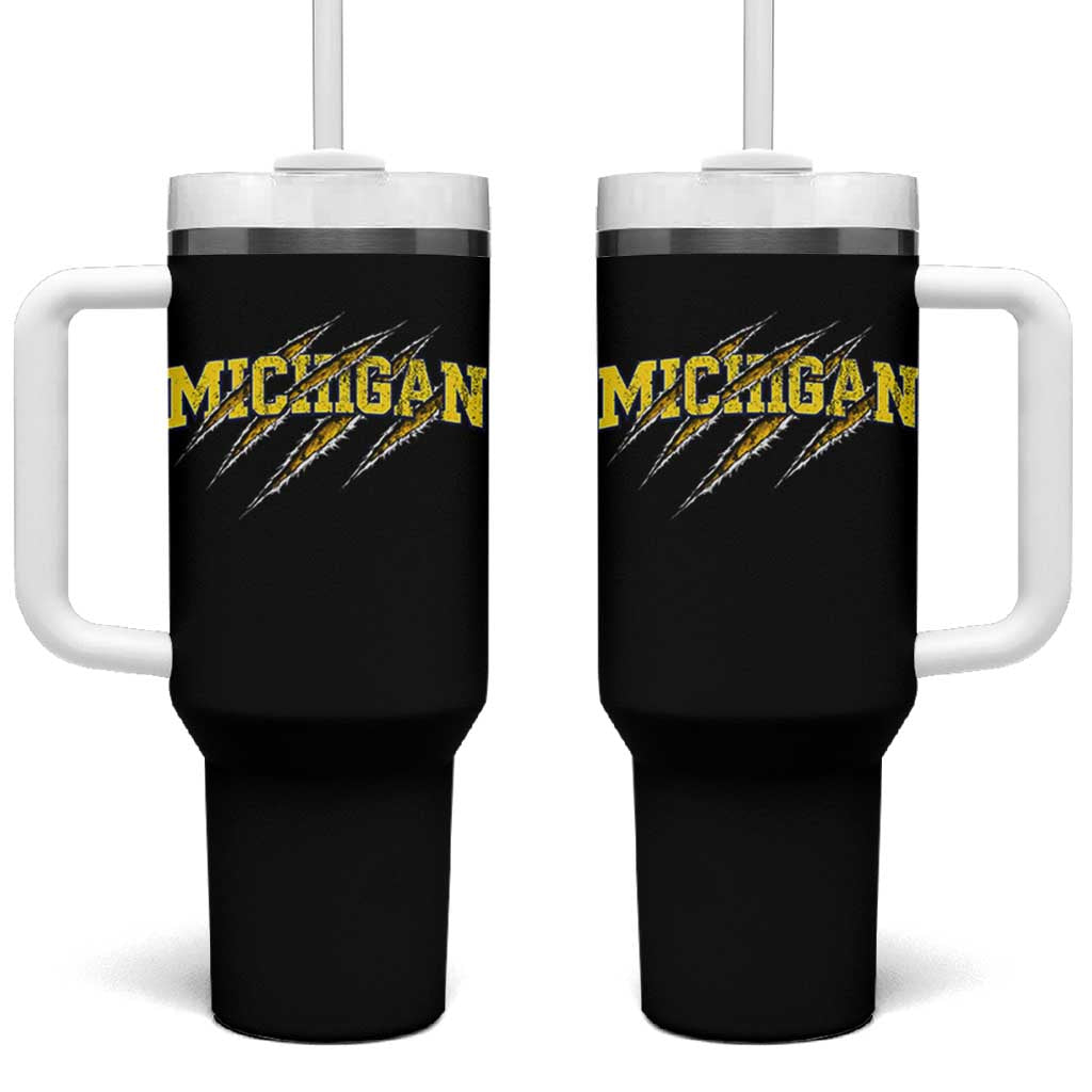 Michigan Fan Tumbler With Handle MI State Sports Game Day Scratch Mark