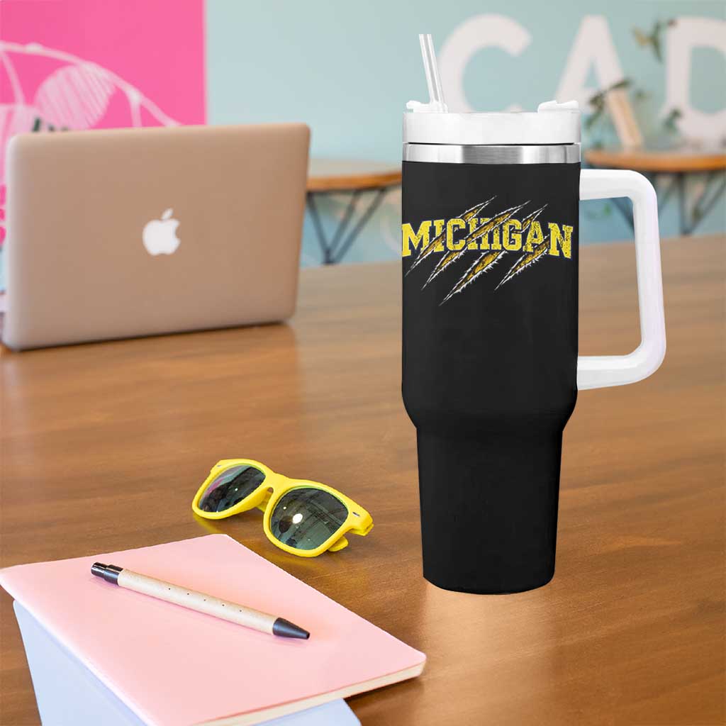 Michigan Fan Tumbler With Handle MI State Sports Game Day Scratch Mark