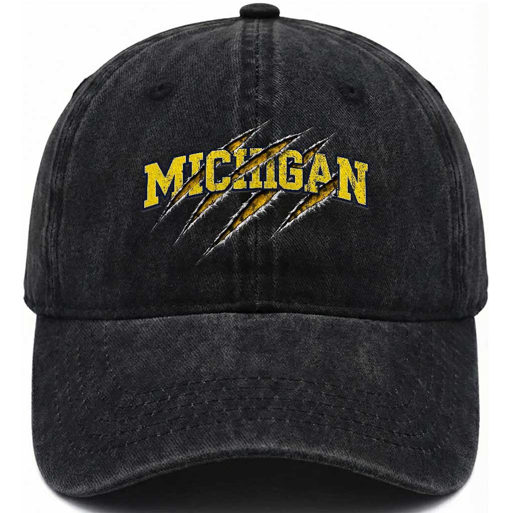 Michigan Fan Washed Cotton Baseball Cap MI State Sports Game Day Scratch Mark
