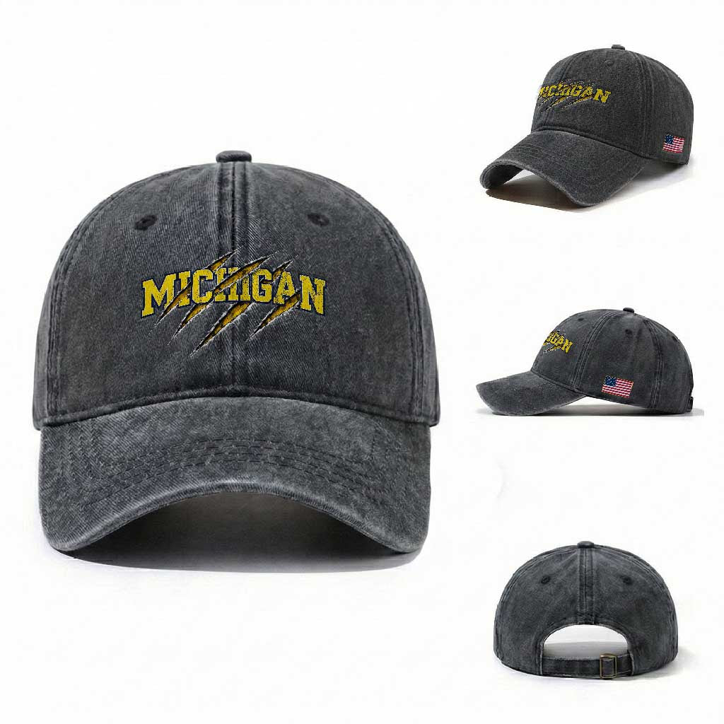 Michigan Fan Washed Cotton Baseball Cap MI State Sports Game Day Scratch Mark