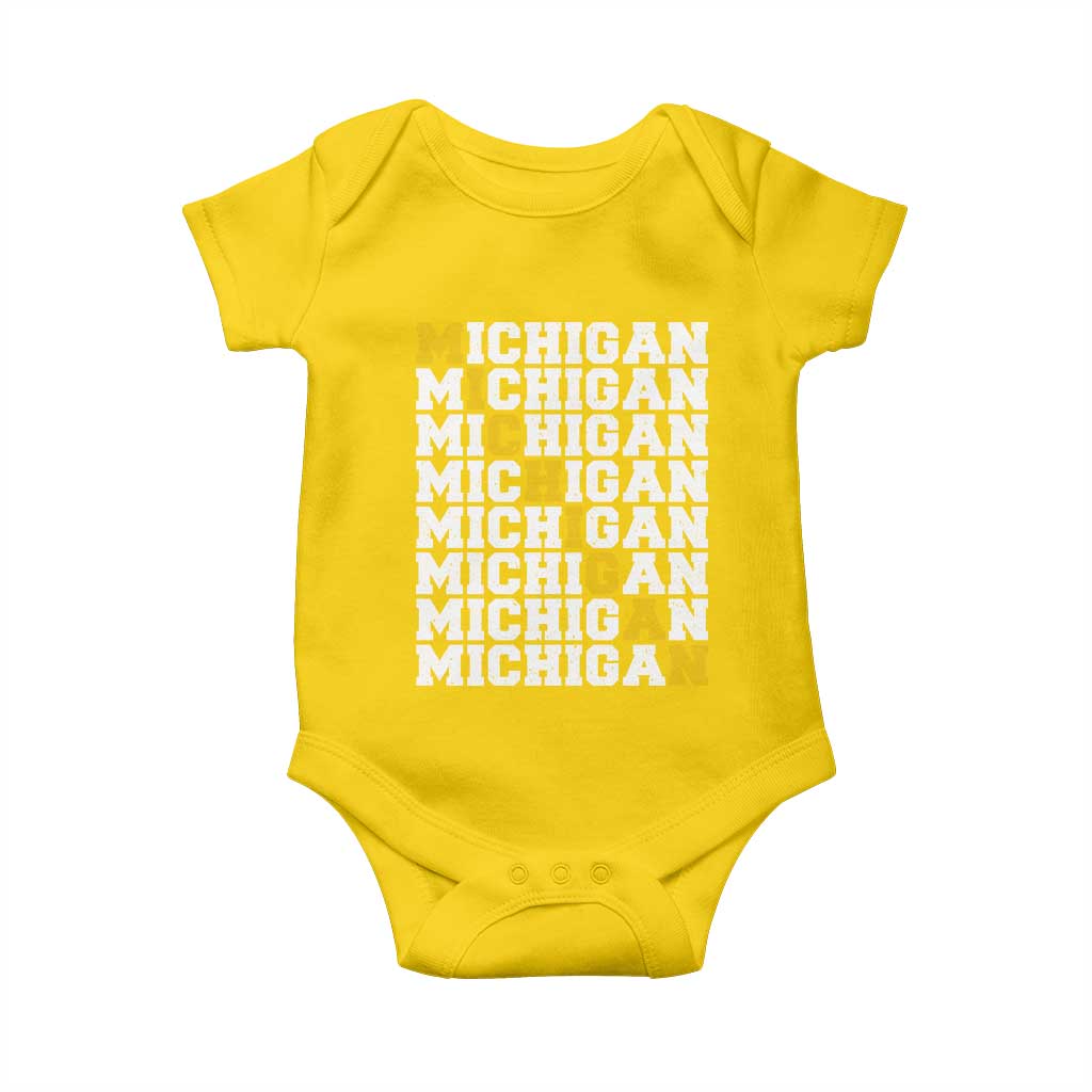 Michigan Fan Baby Onesie Yellow Bold Athletic Sport State Letters Game Day