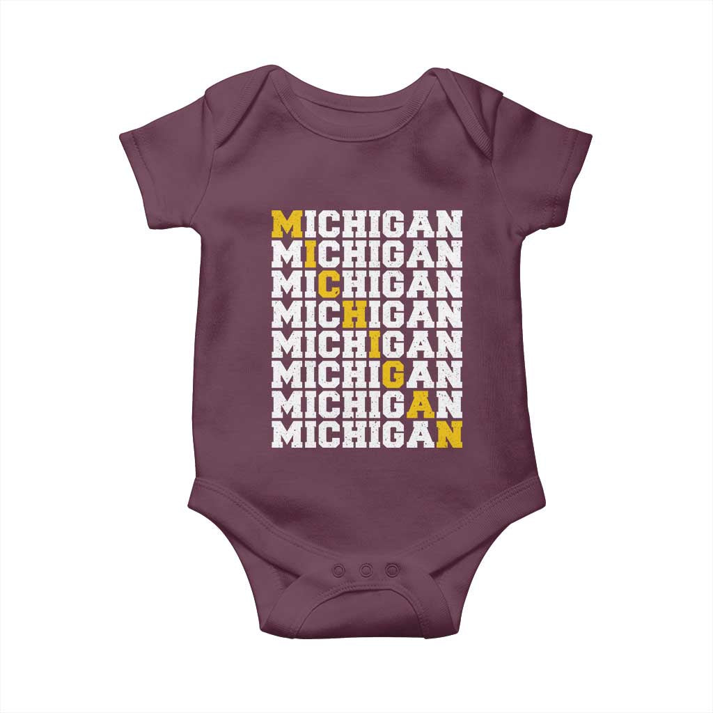 Michigan Fan Baby Onesie Yellow Bold Athletic Sport State Letters Game Day