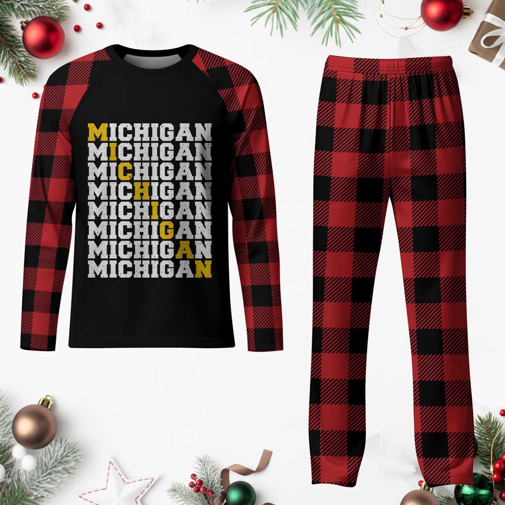 Michigan Fan Plaid Pajama Set Yellow Bold Athletic Sport State Letters Game Day