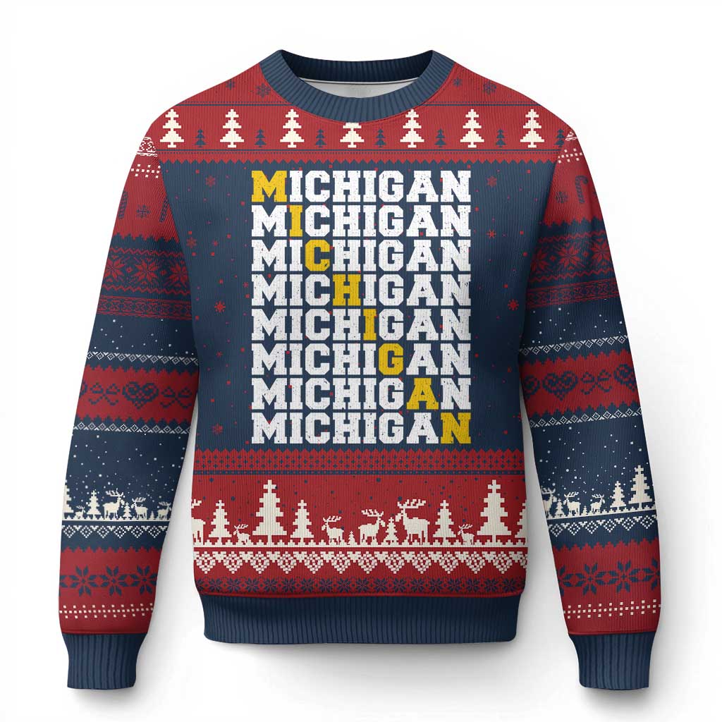 Michigan Fan Ugly Christmas Sweater Yellow Bold Athletic Sport State Letters Game Day