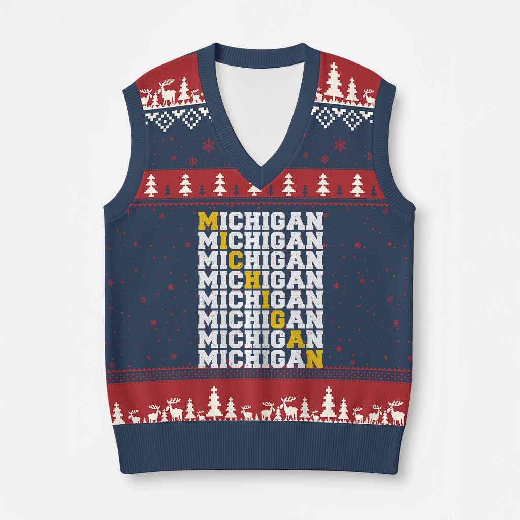 Michigan Fan V-Neck Knit Sweater Vest Yellow Bold Athletic Sport State Letters Game Day