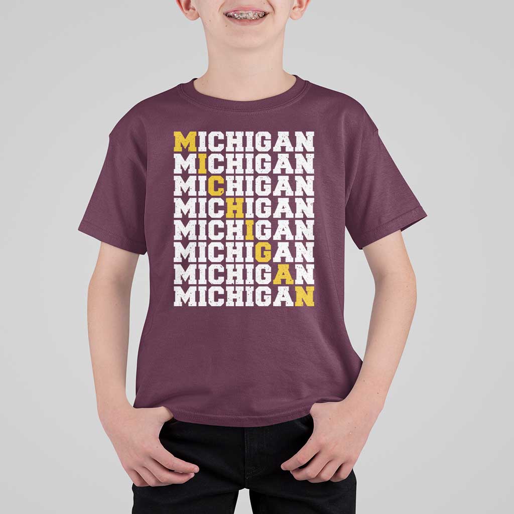 Michigan Fan T Shirt For Kid Yellow Bold Athletic Sport State Letters Game Day