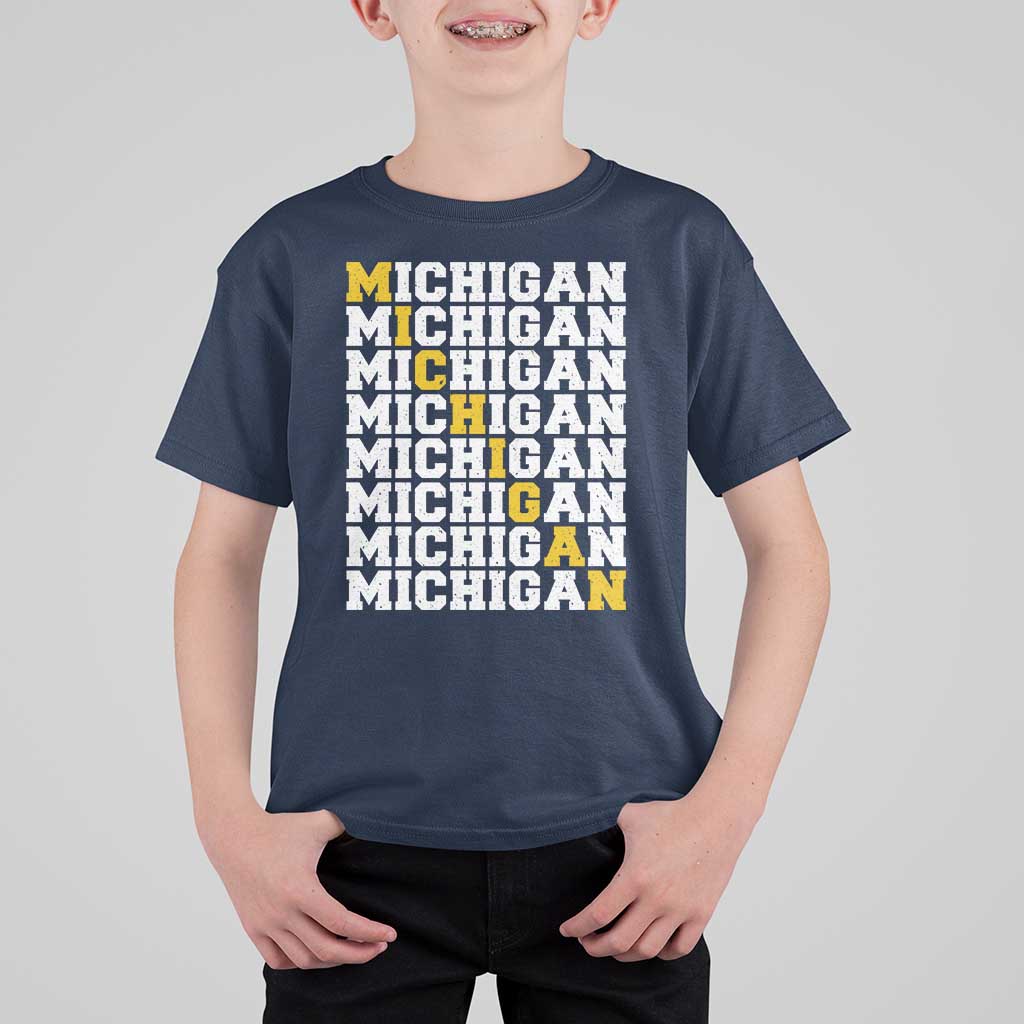 Michigan Fan T Shirt For Kid Yellow Bold Athletic Sport State Letters Game Day