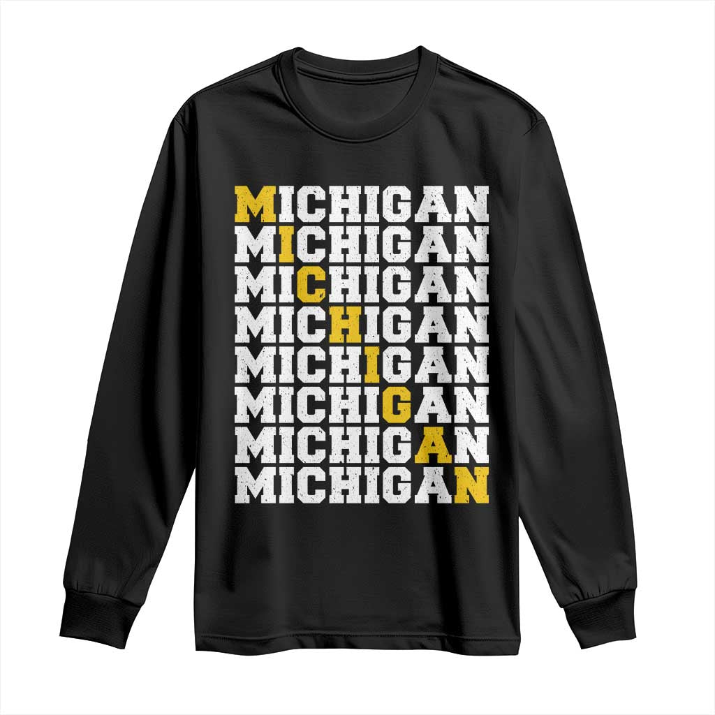 Michigan Fan Long Sleeve Shirt Yellow Bold Athletic Sport State Letters Game Day
