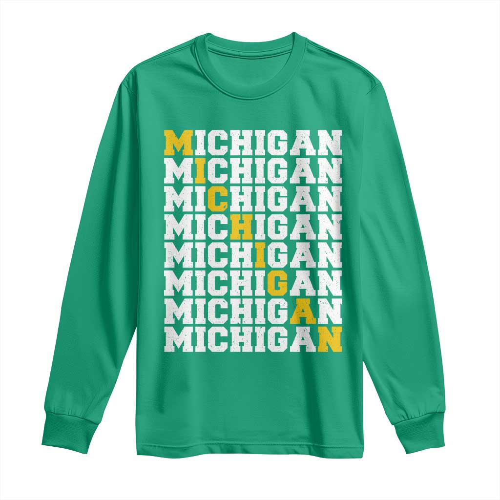 Michigan Fan Long Sleeve Shirt Yellow Bold Athletic Sport State Letters Game Day