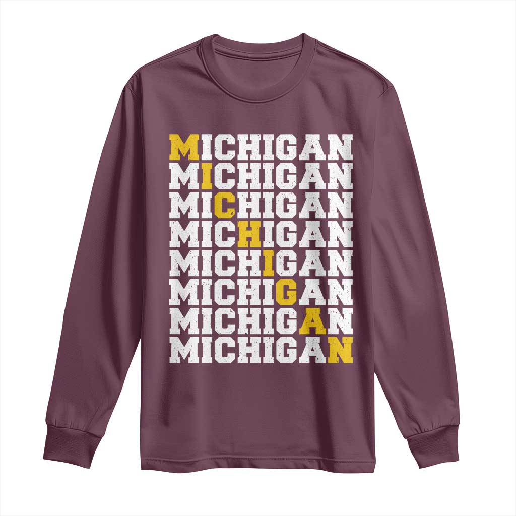 Michigan Fan Long Sleeve Shirt Yellow Bold Athletic Sport State Letters Game Day