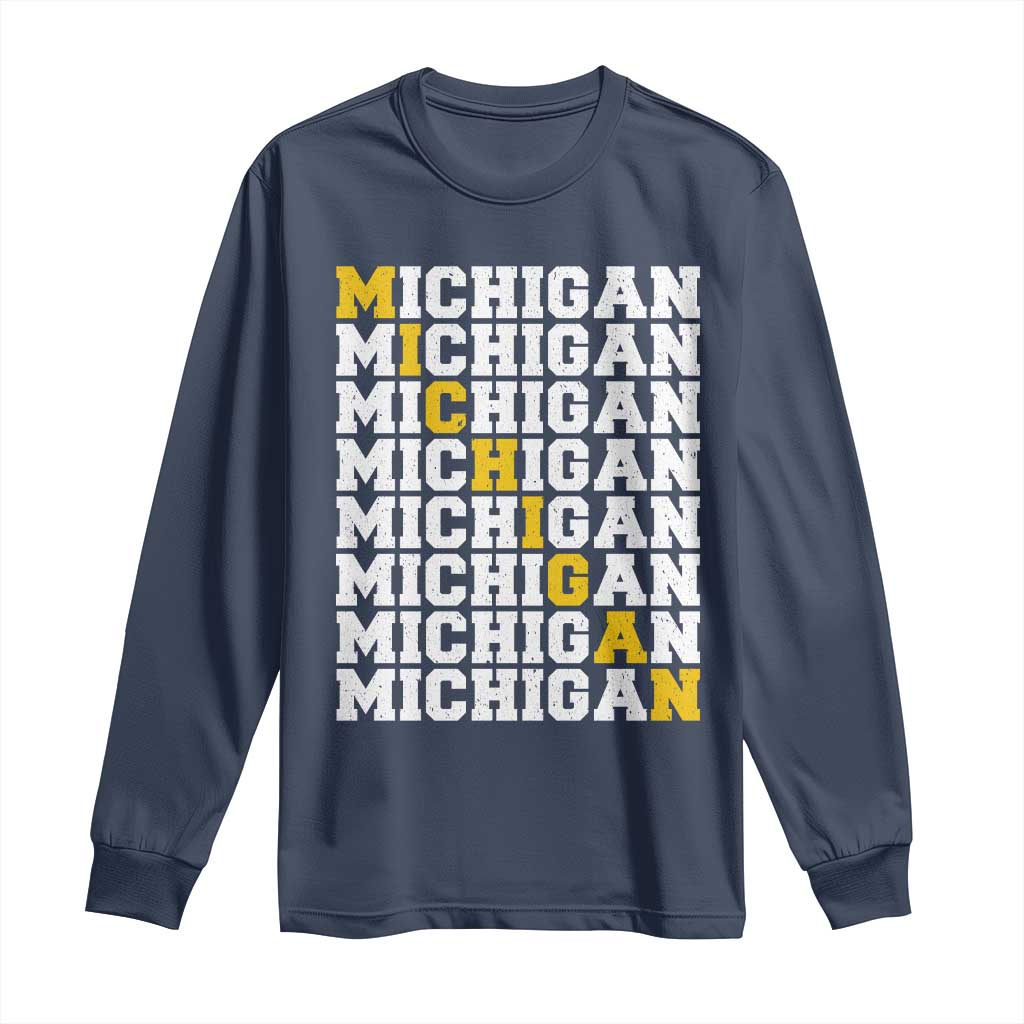 Michigan Fan Long Sleeve Shirt Yellow Bold Athletic Sport State Letters Game Day