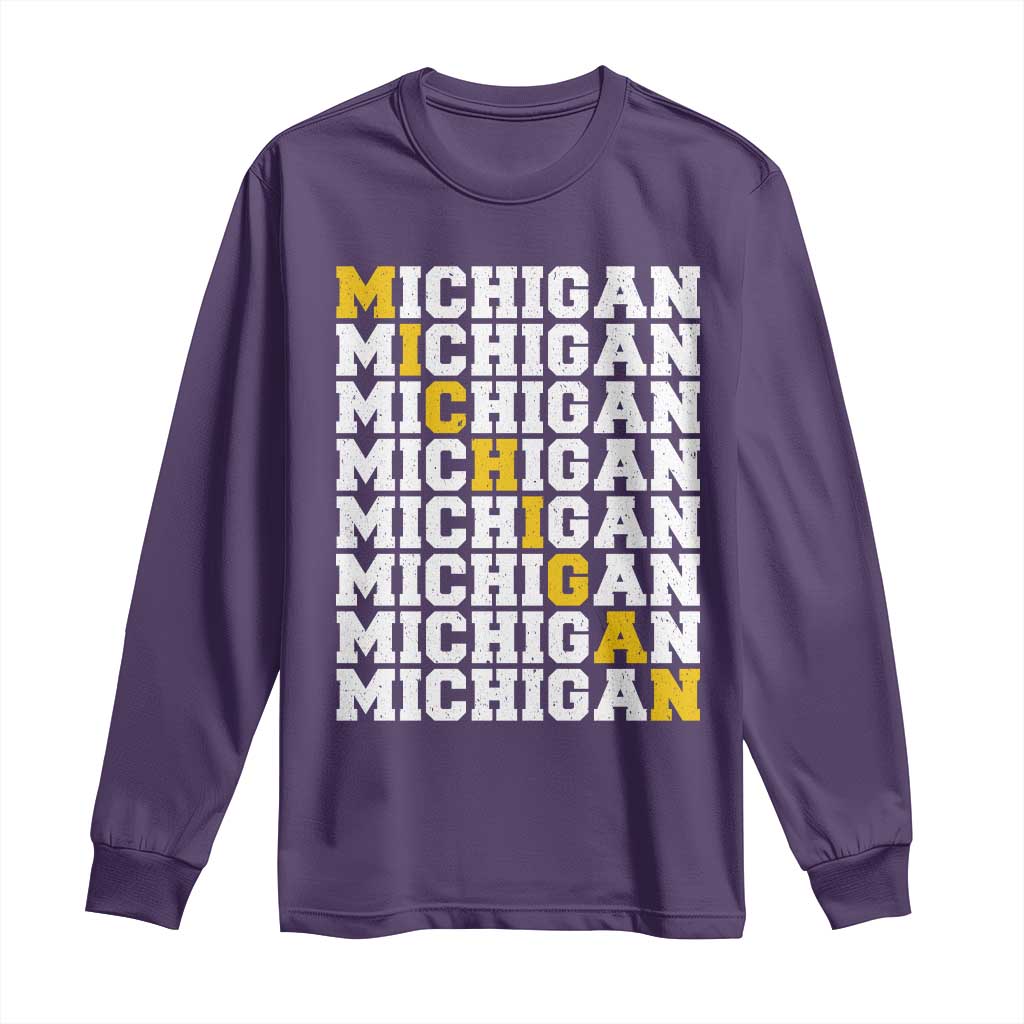 Michigan Fan Long Sleeve Shirt Yellow Bold Athletic Sport State Letters Game Day