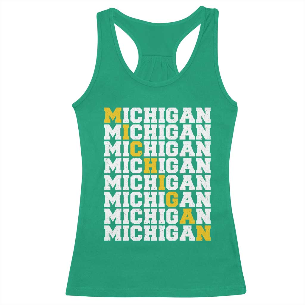 Michigan Fan Racerback Tank Top Yellow Bold Athletic Sport State Letters Game Day