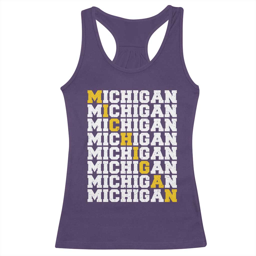 Michigan Fan Racerback Tank Top Yellow Bold Athletic Sport State Letters Game Day