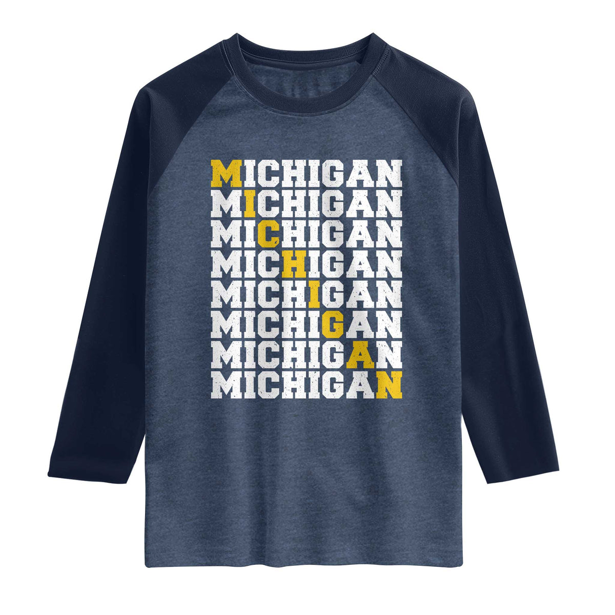 Michigan Fan Raglan Shirt Yellow Bold Athletic Sport State Letters Game Day
