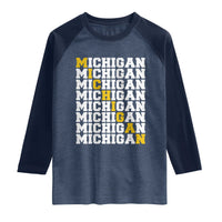 Michigan Fan Raglan Shirt Yellow Bold Athletic Sport State Letters Game Day