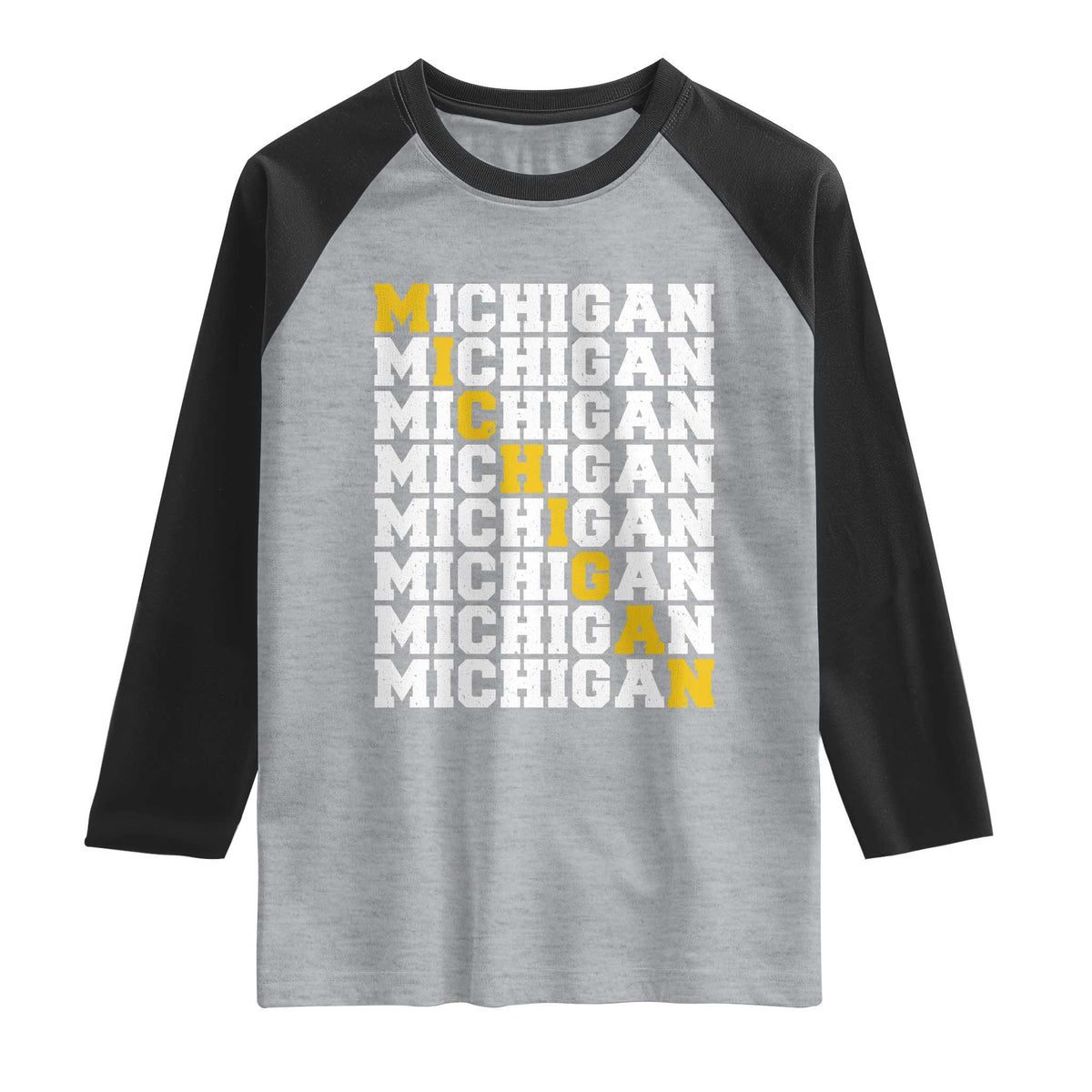 Michigan Fan Raglan Shirt Yellow Bold Athletic Sport State Letters Game Day