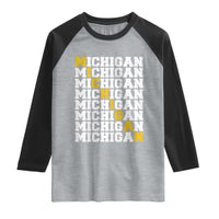 Michigan Fan Raglan Shirt Yellow Bold Athletic Sport State Letters Game Day