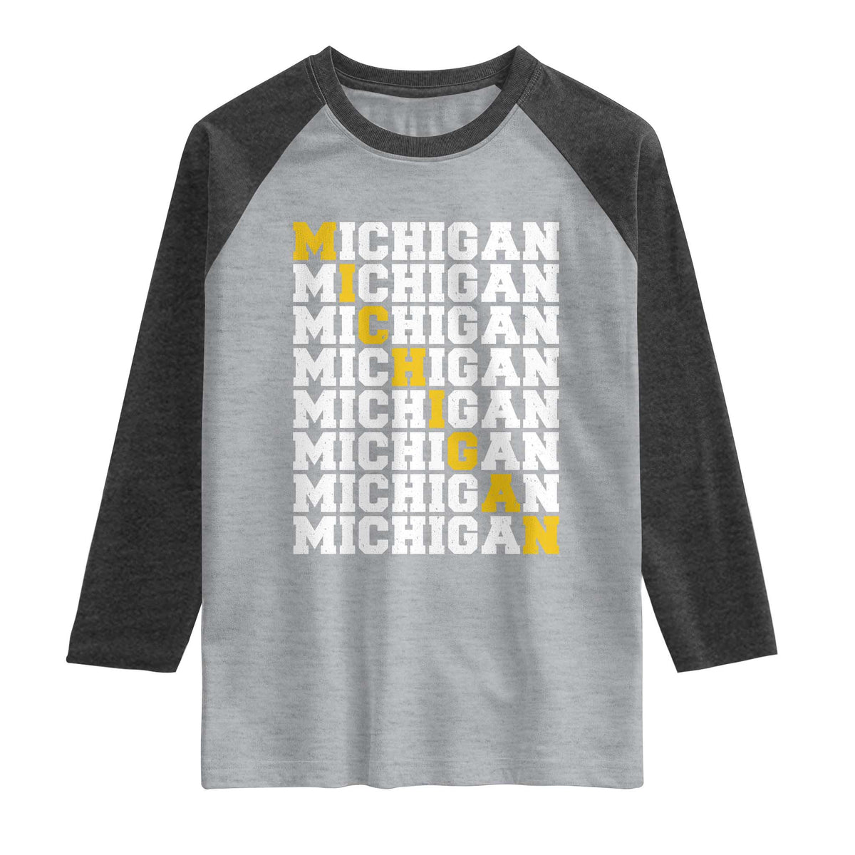 Michigan Fan Raglan Shirt Yellow Bold Athletic Sport State Letters Game Day