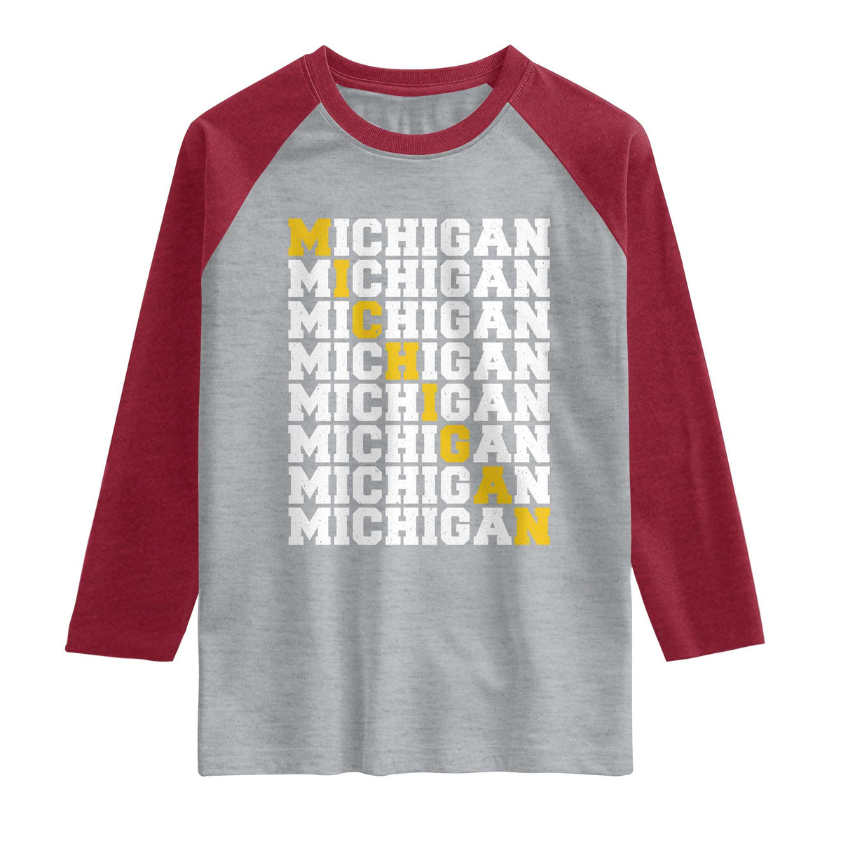 Michigan Fan Raglan Shirt Yellow Bold Athletic Sport State Letters Game Day