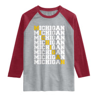 Michigan Fan Raglan Shirt Yellow Bold Athletic Sport State Letters Game Day